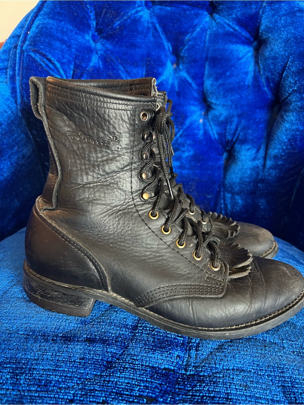 Vintage DD Tuff Black pebble Leather Lace-Up Men's Boots w/ Fringe Accent Sz 8.5